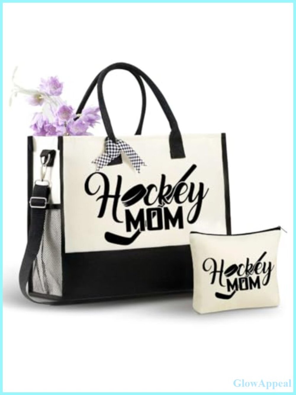 Hockey Mom Canvas Tote Bag with Makeup Pouch & Ribbons